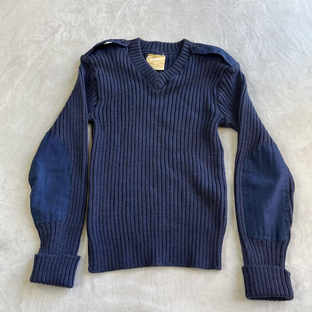 Vintage Brigade Quartermasters Sweater Mens Small Blue Wool V Neck Commando 80s